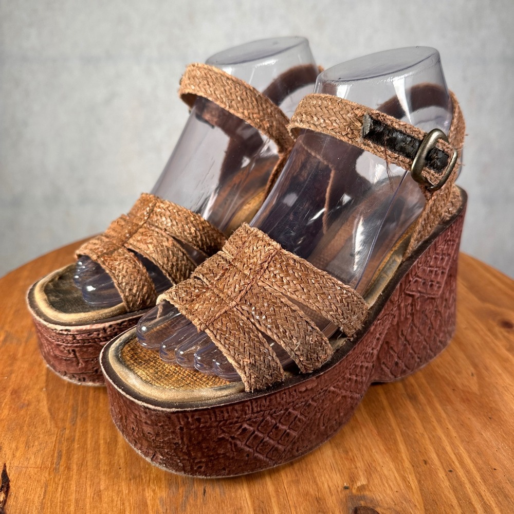 Classified Platform Wedge Sandals Women 6 Brown Good Woven Boho Y2K Textured